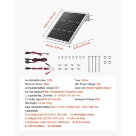 20W 12V Solar Panel Battery Charger, Solar Battery Trickle Charger Maintainer With Built-in Controller & 0-60° Adjustable Pole Mount Bracket, IP6 (Option: Black)