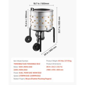 Chicken Plucker Machine, 19.7 In Drum, 750W & 275RPM Electric Chicken Plucking Machine With 98 Soft Fingers & Transport Wheels, Stainless Steel F (Option: Black)