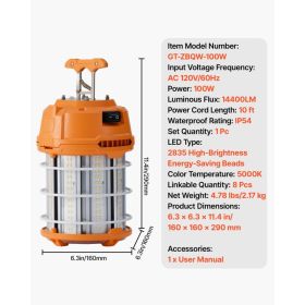 LED Temporary Work Light, 100W, 14400 Lm, 5000K Durable & Water-Resistant, Linkable Up To 8 Units, Ceiling Or Stand Job Site Illumination For Con (Option: Black)
