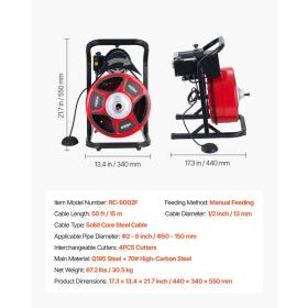 Drain Cleaner Machine 50 FT X 1/2 Inch, Manual Feed Sewer Snake Auger With 4 Cutters & Air-Activated Foot Switch For 2" To 6" Pipes (Option: Black)