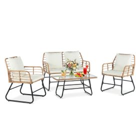 Outdoor Four-piece Garden Furniture Set, Rattan Garden Set, Equipped With Thick Interlayer Structure Cushions, Deep-set All-weather Rattan Sofa (Option: Brown)