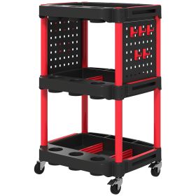 3-Tier Rolling Tool Cart, 200 LBS Capacity Plastic Utility Cart with Side Shelves for Garage, Workshop, Black and Red (Option: Black, Red-570x485x240 mm)