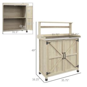 Outdoor Wooden Potting Bench With Storage Cabinet, Shelves, Galvanized Plated Tabletop For Backyard, Balcony, Natural (Option: Natural)