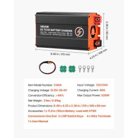 DC To DC Battery Charger, 520W, 40A Alternator Charger, Fast DC-DC Charging For Portable Power Stations, Compatible With LiFePO4 Lead-Acid AGM GE (Option: Black)