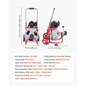 Drain Cleaner Machine 75 FT X 3/8 Inch, Auto Feed Sewer Snake Drain Auger On Wheels, Portable Drain Cleaning Machine With 8 Cutters & Air-Activat (Option: Black)