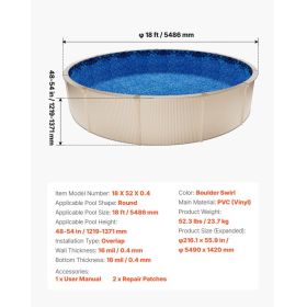 18ft Pool Liner, Round Overlap Swimming Pool Liner For 52 In Wall Height, Premium Vinyl, Easy Install With Leak-Proof Patches, Designed For Steel (Option: Black)
