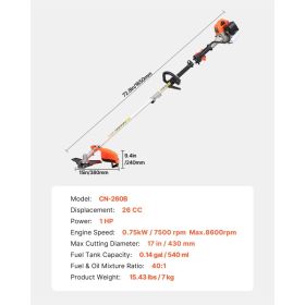 String Trimmer, 26cc 2 In 1 Weed Wacker Gas Powered, 17" Cordless Grass Trimmer With 10" Brush Cutter, Shoulder Strap & 3T Blade, 2-Stroke Heavy- (Option: Black)