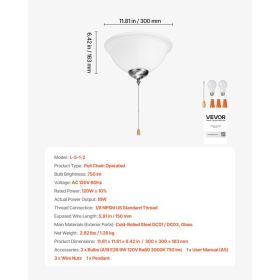 Ceiling Fan Light Kit, 750lm 3000K Bowl Shaped Fan Light Kit With Pull Chain, 2 LED Bulbs, Replacement Fixture For Living Room, Dining Room, Bedr (Option: Black)