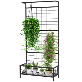 Metal Tall Plant Stand with Trellis and Hanging Bar, Plant Holder for Indoor Outdoor Use, 35" x 12.8" x 74", Black (Option: Black-990x745x110 mm)