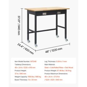 48-inch Workbench, 1500 Lbs Load Capacity, Garage Workbench With Drawer Storage & Wheels, Workshop Bench On Wheels, Heavy Duty Oak Wood Top Work (Option: Black)