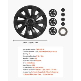 Hubcaps Wheel Covers For 2017-2023 Tesla Model 3, 18 Inch Set Of 4 Wheel Rim Cover Hubcaps OEM Style Replacement, R18 Size Snap On Car Hub Caps, (Option: Black)