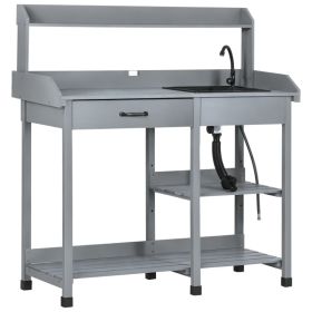 Potting Bench Table, Outdoor Garden Table Wooden Work Station with Removable Sink, Faucet, Drawer, Shelves, Hooks, Gray (Option: Gray-1210x515x205 mm)