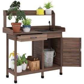 Potting Bench Table with Sink, Outdoor Work Bench Table with Storage Cabinet, Hooks, Removable Sink, Faucet and Drawer for Greenhouse, Garden, P (Option: Brown-1190x540x260 mm)