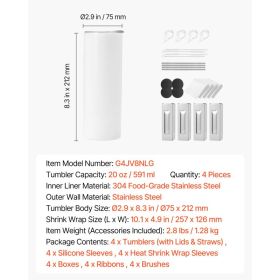 Sublimation Tumblers, 4 Pack, 20 Oz Skinny Straight Tumblers Bulk, Stainless Steel Sublimation Cups With Lids And Straws, Double Wall Insulated T (Option: Black)