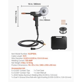 130Amp Spool Gun With 10FT Cable, Replacement For Lincoln Magnum 100SG K2532-1 - With 11PCS Mig Welding Contact Tips, ER4043 0.035" Aluminum Mig (Option: Black)