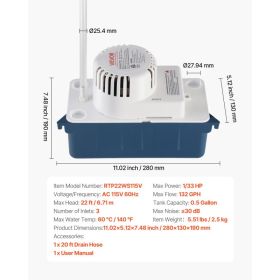 Condensate Pump, 1/33 HP, 100 GPH, 22 Ft Lift, 115V Automatic Condensation Removal Pump With Safety Switch & 20 Ft Tubing, For Air Conditioner, D (Option: Black)