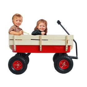 Outdoor Sport Wagon Tools Cart Wooden Side Panels Air Tires Wagon - Red (Option: defaulttitle)