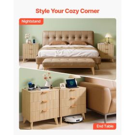 Fluted Nightstands With Charging Station, Set Of 2, Dresser For Bedroom With 3 Drawers, Mid Century Modern End Table, Bedside Cabinet Side Table (Option: Black)