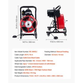 Drain Cleaner Machine 50 FT X 1/2 Inch, Manual Feed Sewer Snake Auger On Wheels - With 4 Cutters & Air-activated Foot Switch For 2" To 6" Pipes (Option: Black)