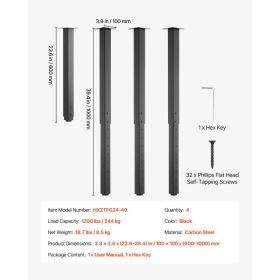 Adjustable Table Legs, 24-40 In Square Steel Furniture Legs, 1200 Lbs Max Load Heavy Duty, Quick Installation, Ideal For Home Office Desk DIY, Co (Option: Black)