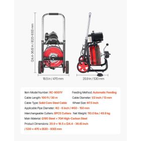 Drain Cleaner Machine 100 FT X 1/2 Inch, Auto Feed Sewer Snake Auger On Wheels - With 8 Cutters & Air-Activated Foot Switch For 2" To 6" Pipes (Option: Black)