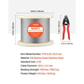 1/8 Inch Wire Rope, 1000 Ft Length, 316 Stainless Steel Wire Cable With Cutter, 1760 Lbs Breaking Strength, 1 X 19 Strands Construction, Steel Ca (Option: Black)