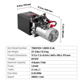 4 Quart Hydraulic Power Unit, Double Acting Dump Trailer Pump, 3200 PSI Max Relief Pressure & 0.91 GPM Flow Rate, DC 12V Hydraulic Pump With Meta (Option: Black)