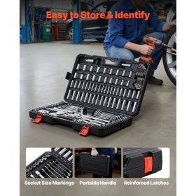 Mechanics Tool Set, 159-Piece Mechanic Tool Kit, 1/4 In, 3/8 In, And 1/2 In Drive, SAE And Metric Socket Set, Wrenches, Screwdriver Bits, Accesso (Option: Black)