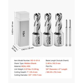 Annular Cutter Set, 5 Pcs Weldon Shank Mag Drill Bits Kit, 1" Cutting Depth, 1/2" Cutting Diameter, HSS, 3 Drill Bits With 2 Pilot Pins And 3 Pla (Option: Black)