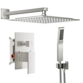 Wall-mounted shower faucet set - 10-12inch square overhead spray + handheld shower head with pressure balance and temperature control valve (Option: Brushed Nickel/12in)